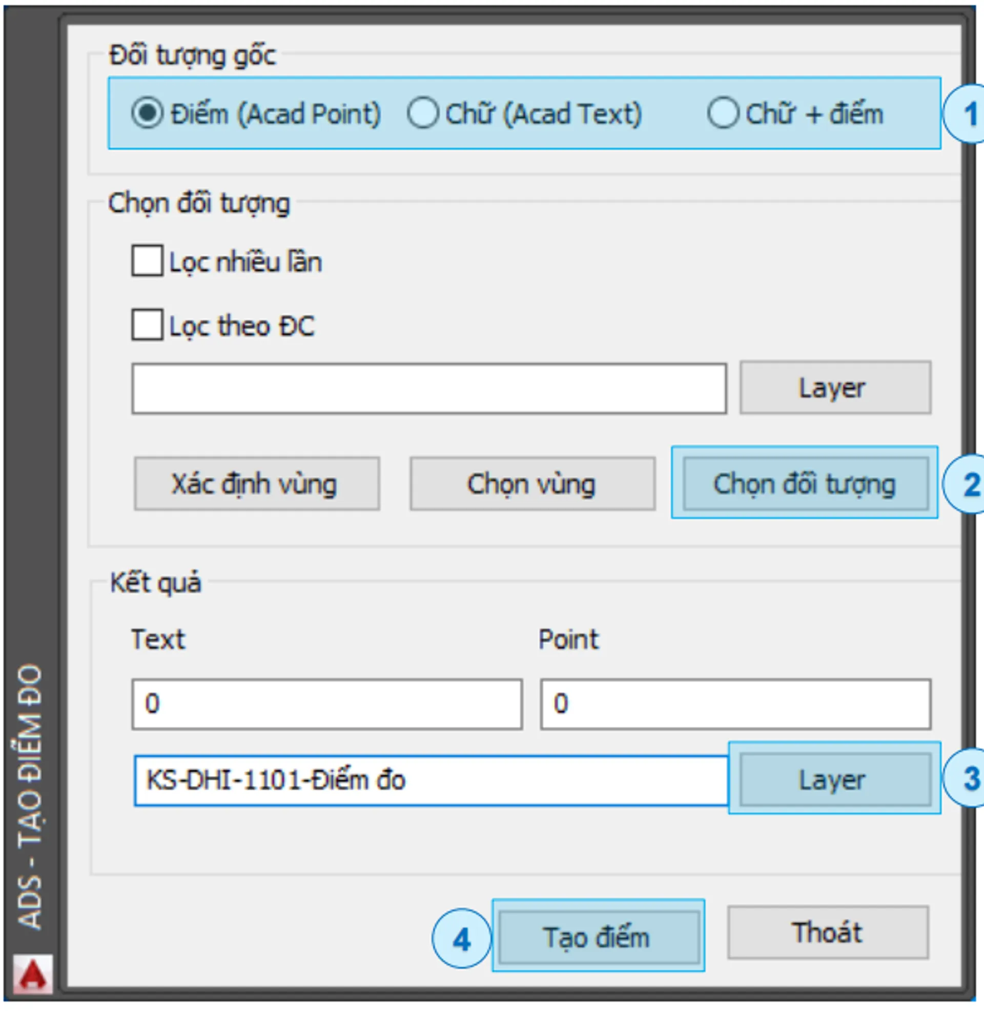 Tạo điểm từ đối tượng AutoCad