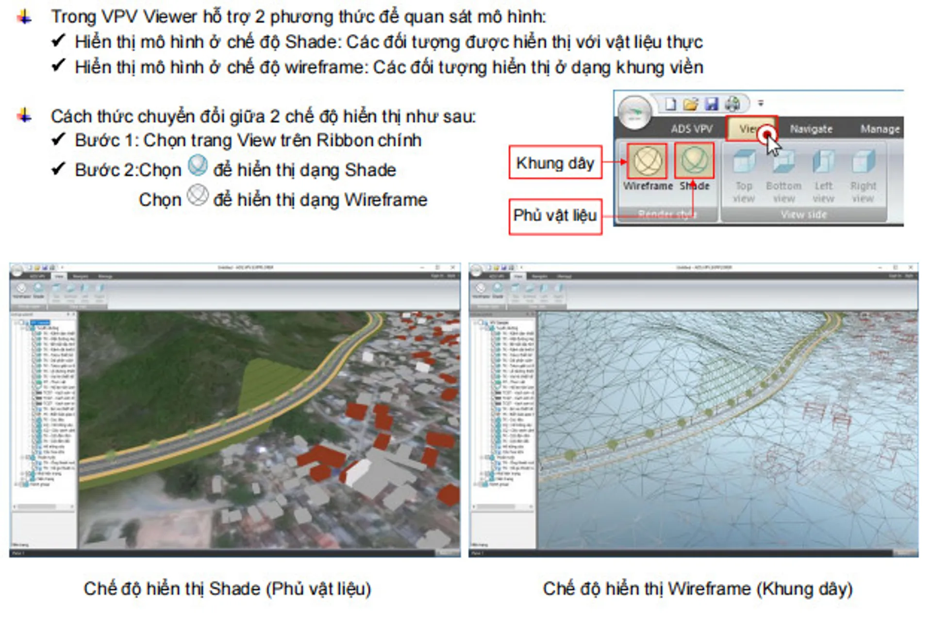 Lựa chọn chế độ hiển thị Realistic / Wireframe