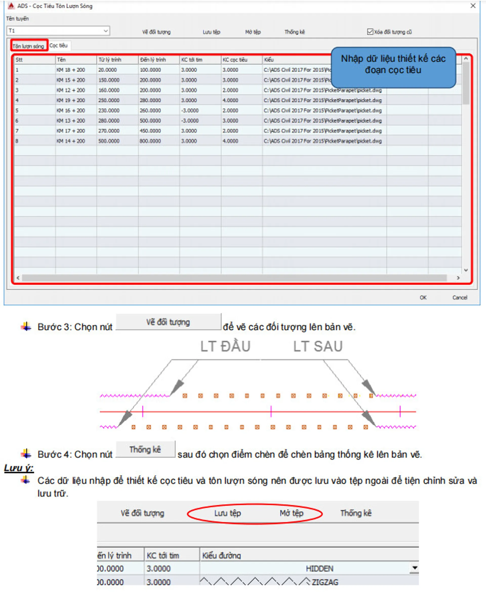 Vẽ hộ lan, cọc tiêu theo lý trình