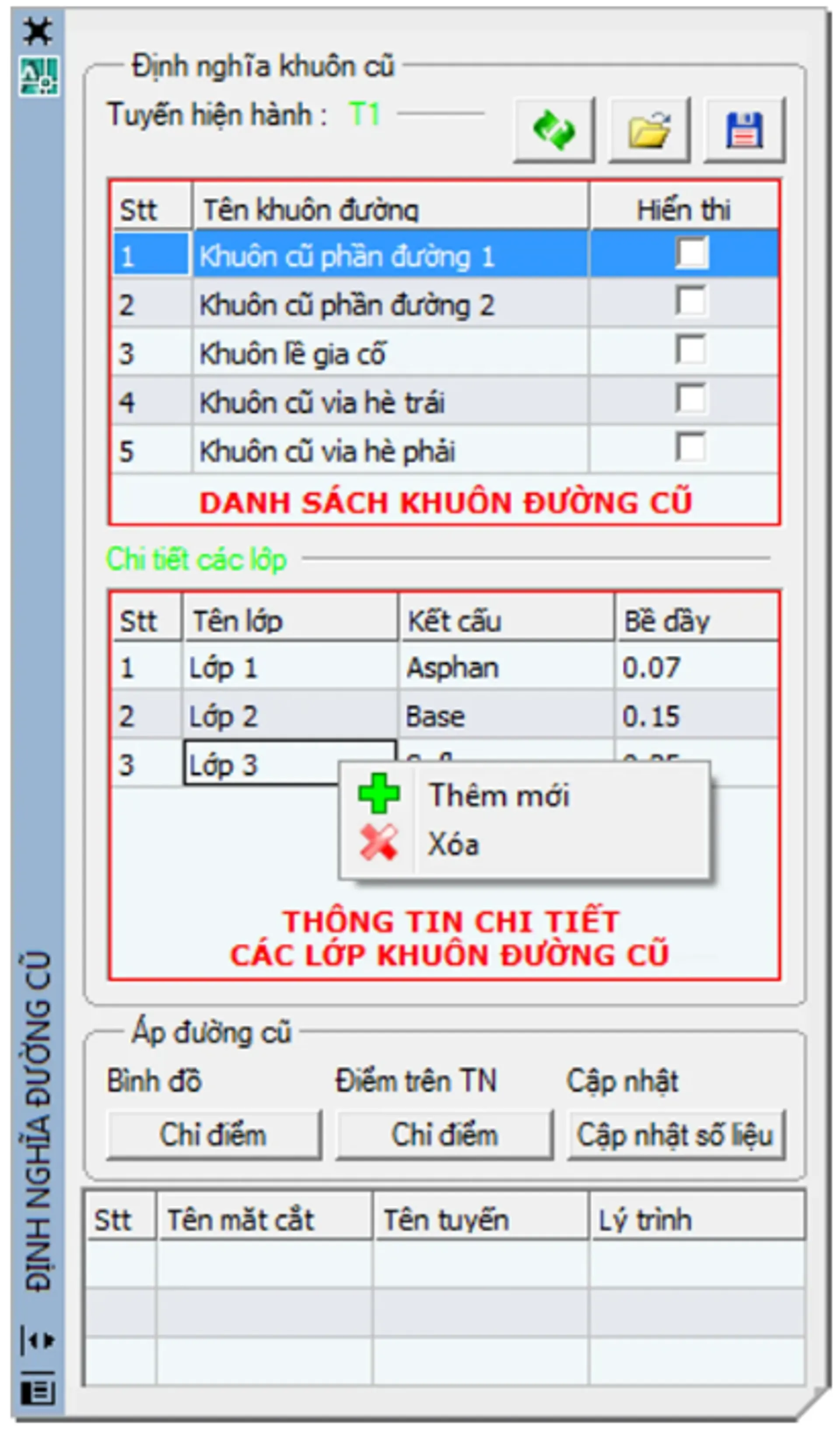 Vẽ kết cấu đường cũ trực tiếp lên trắc ngang