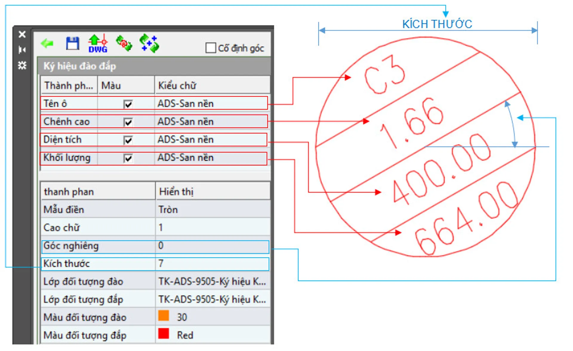 Hiệu chỉnh hiển thị ký hiệu đào đắp