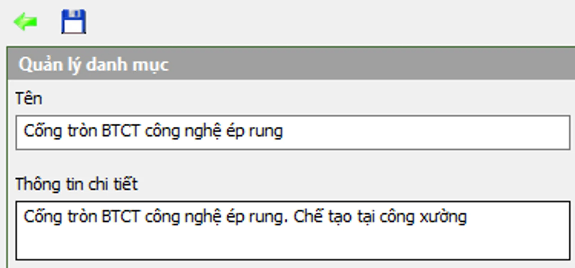 Chỉnh sửa thông tin danh mục cấu kiện
