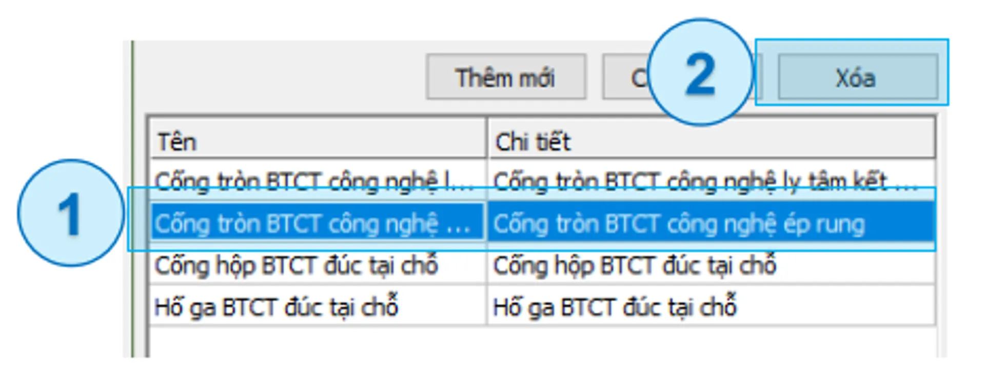 Xóa danh mục cấu kiện